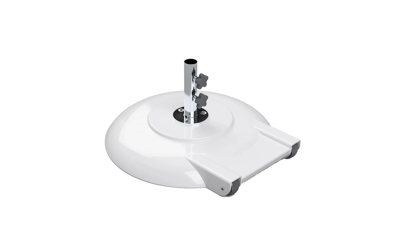 White 100 lb aluminum umbrella base with wheels, 18-inch stem and 1.5-inch pole opening