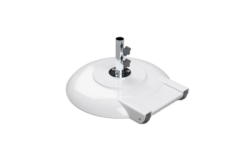 White 100 lb aluminum umbrella base with wheels, 18-inch stem and 1.5-inch pole opening