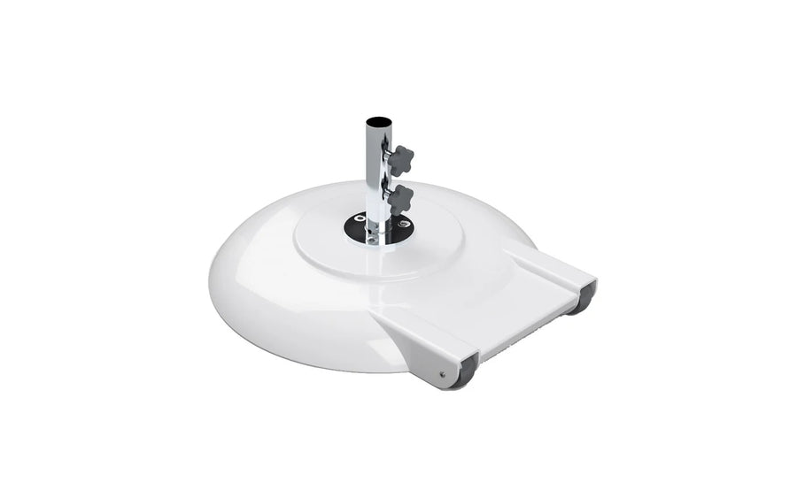 White 100 lb aluminum umbrella base with wheels, 18-inch stem and 1.5-inch pole opening