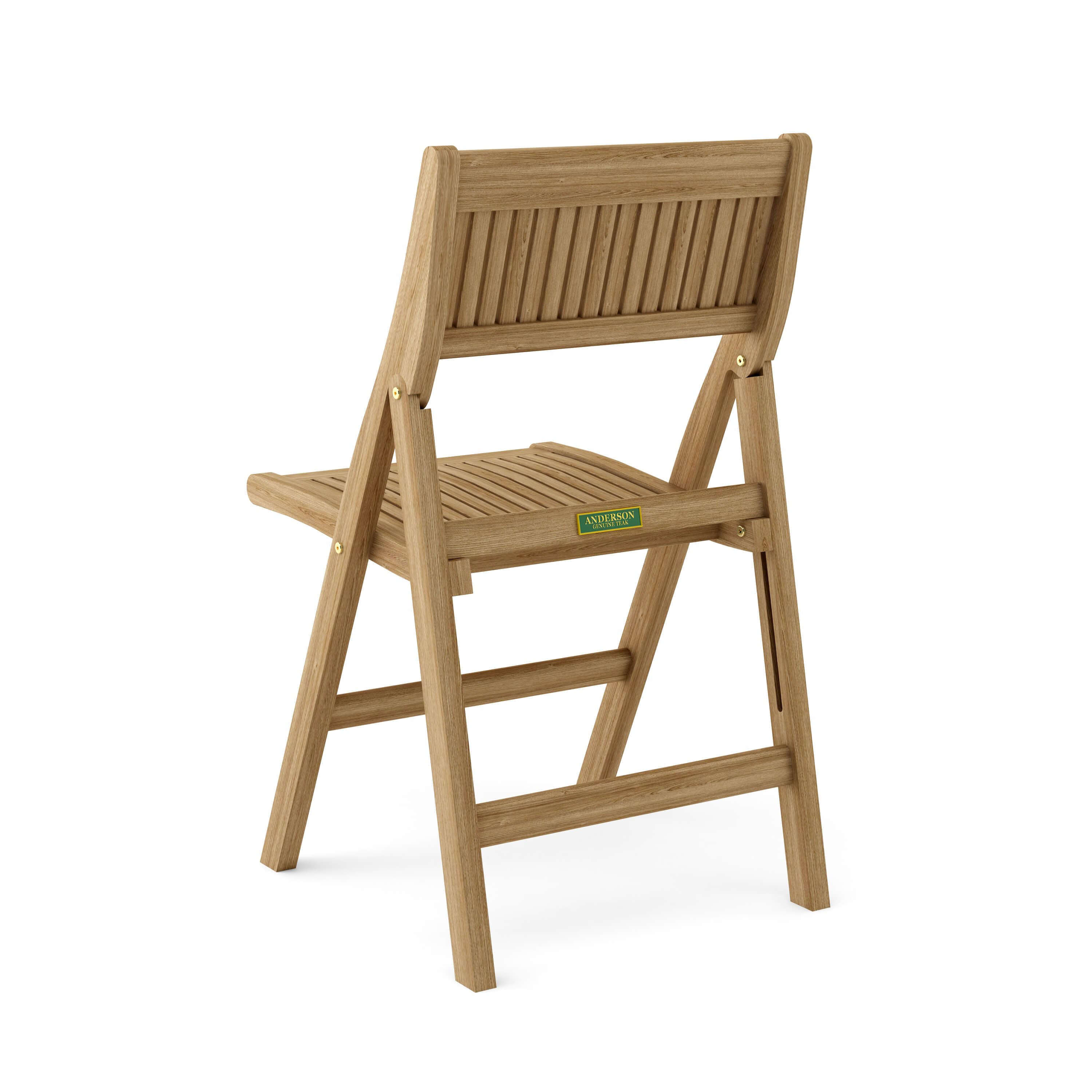 CHF-550F Windsor folding teak chair, rear view with Anderson Teak badge