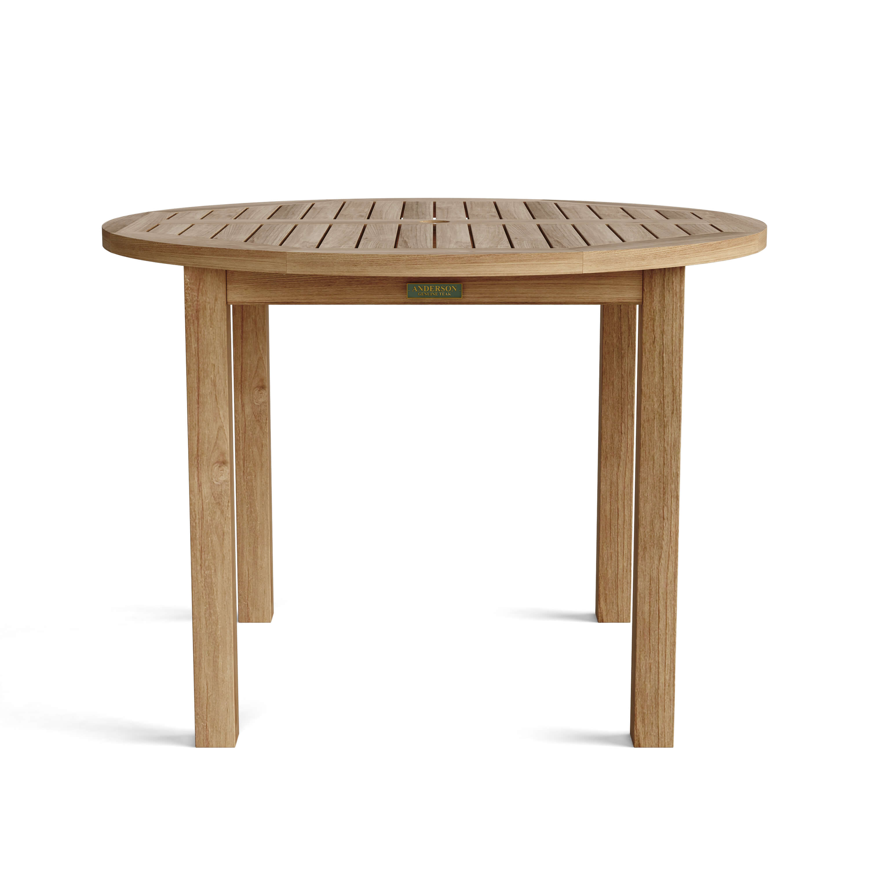 Bahama 42-inch round teak dining table shown from the front on white