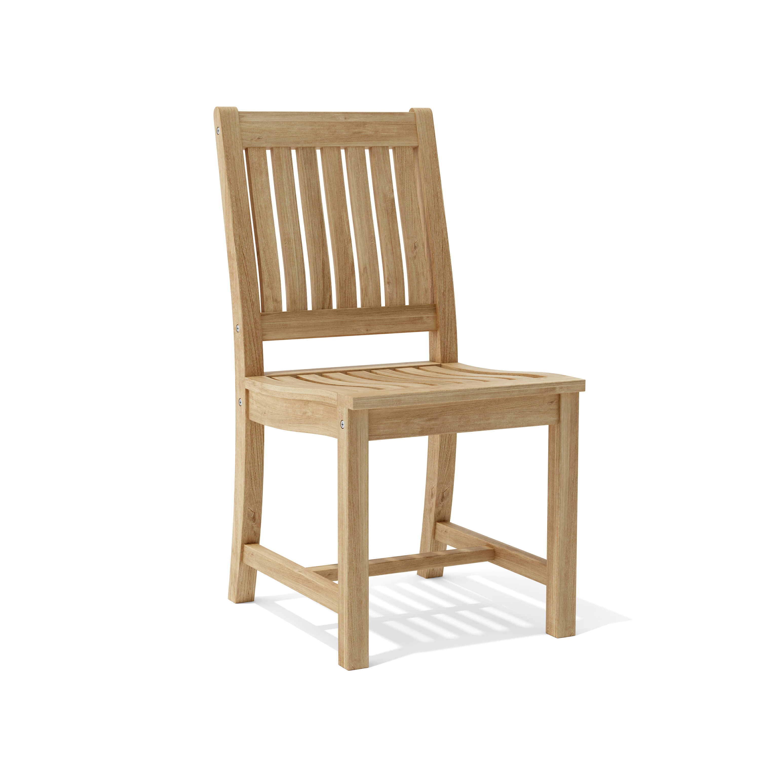 Rialto teak dining chair shown from the side on white