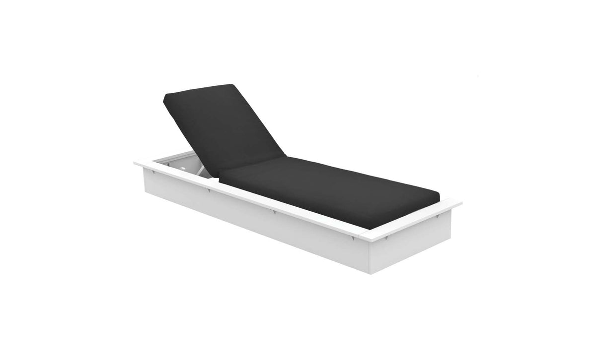 Ledge Lounger Echo Chaise in White resin with a Black fabric cushion, backrest raised, on a plain white background