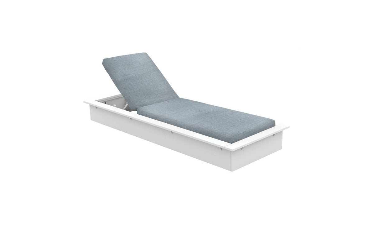 Ledge Lounger Echo Chaise in White resin with a Storm fabric cushion, backrest raised, on a plain white background