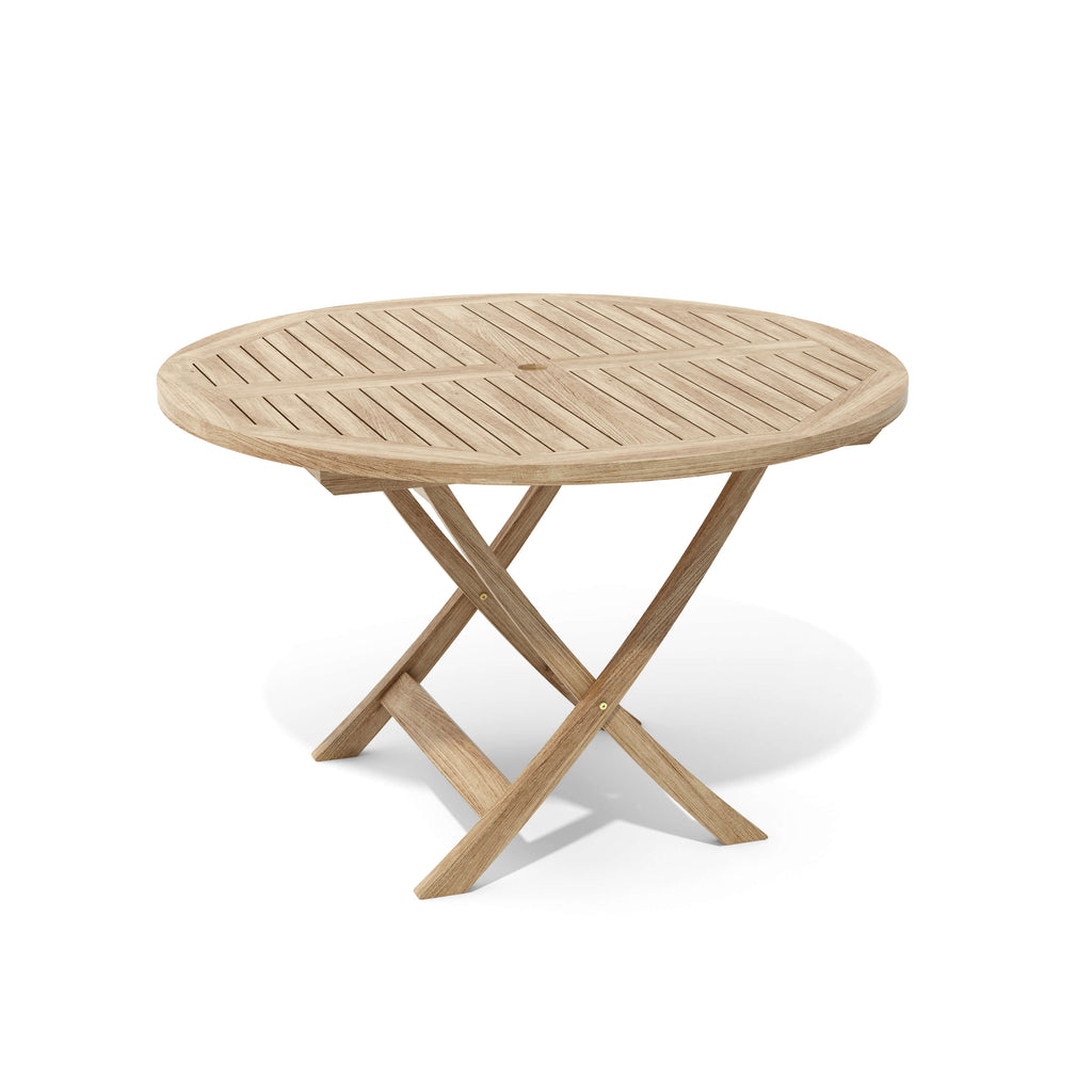 Bahama 47-inch round folding teak table in angled view