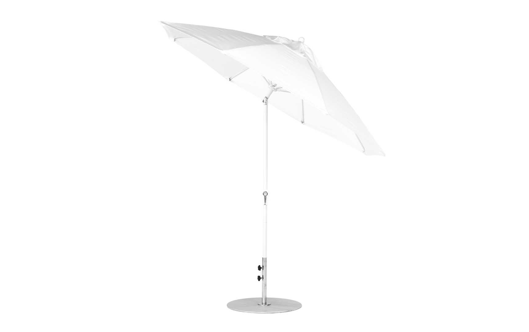 White 9-foot octagonal Ledge Lounger crank auto-tilt umbrella with White pole