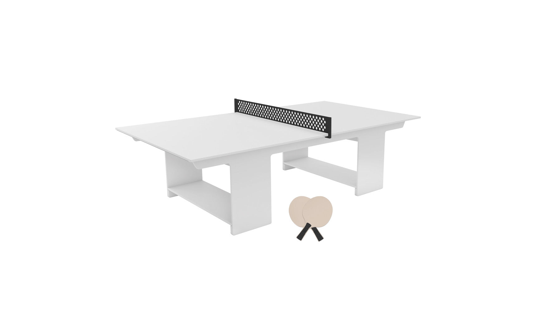 Ledge Lounger Table Tennis Set featuring a white table with a black net and two wooden paddles