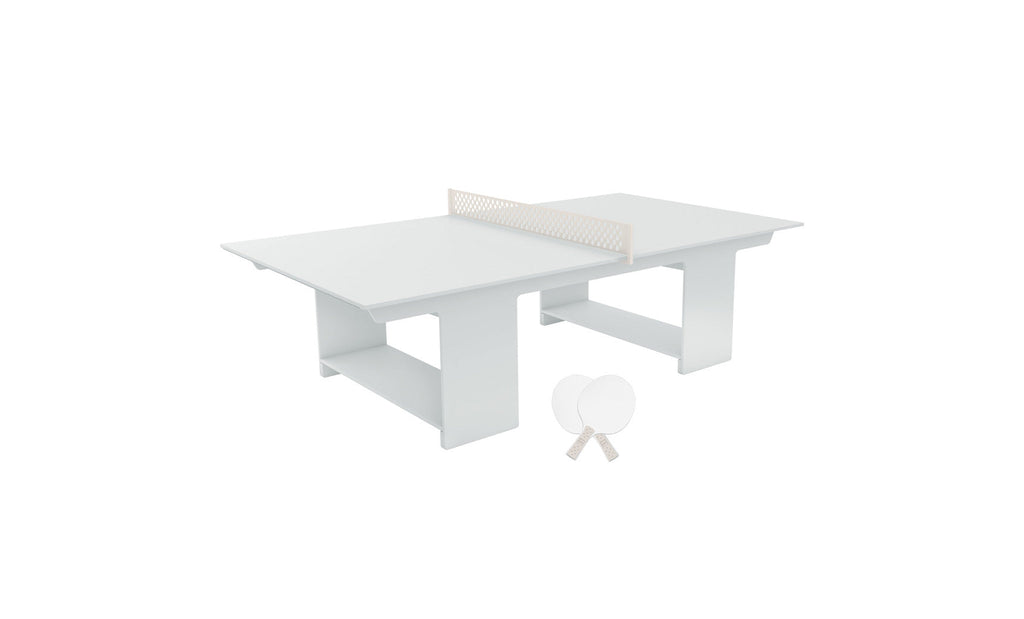 Ledge Lounger Table Tennis Set with white table, net, two paddles, and balls on a white backdrop