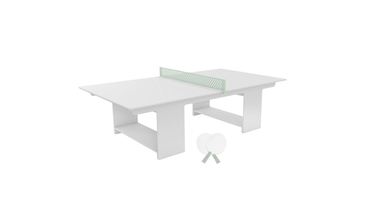 Ledge Lounger Table Tennis Set — White table, Sage Green net and paddle handles, White paddle bodies
