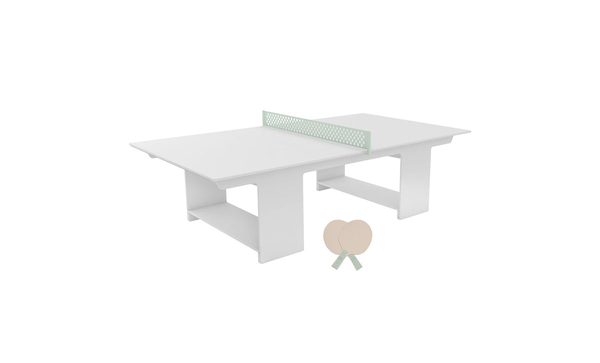 Ledge Lounger Table Tennis Set — White table, Sage Green net and paddle handles, Cloud paddle bodies