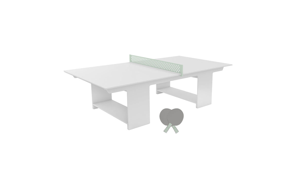 Ledge Lounger Table Tennis Set — White table, Sage Green net and paddle handles, Gray paddle bodies