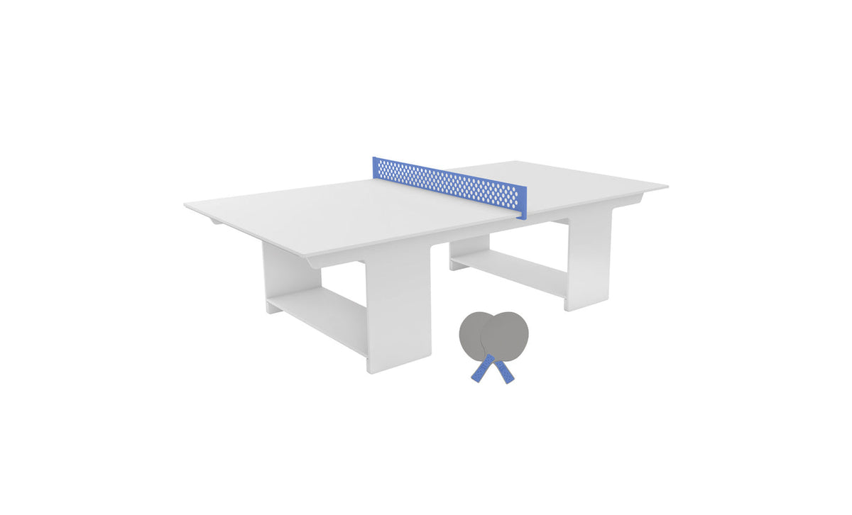 Ledge Lounger Table Tennis Set — White table, Sky Blue net and paddle handles, Gray paddle bodies