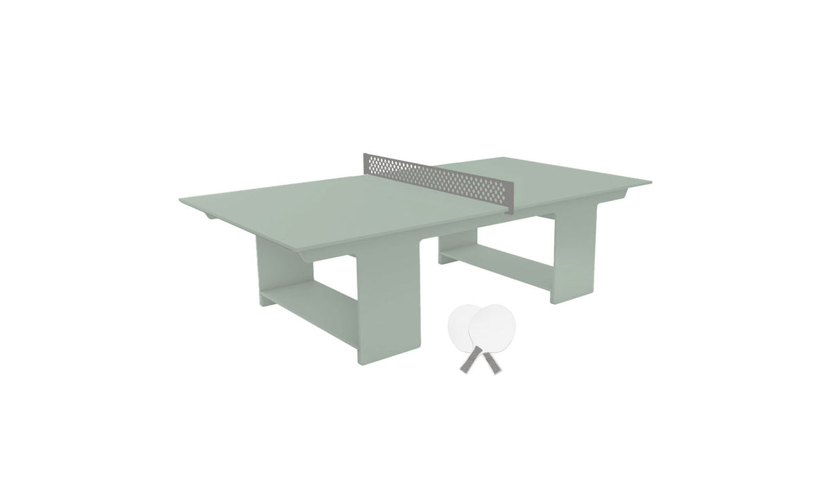 Ledge Lounger Table Tennis Set — Sage Green table, Gray net and paddle handles, White paddle bodies