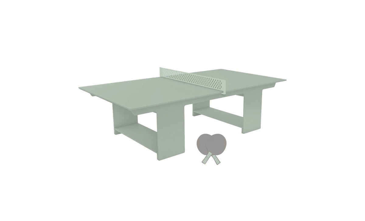 Ledge Lounger Table Tennis Set — Sage Green table, Sage Green net and paddle handles, Gray paddle bodies