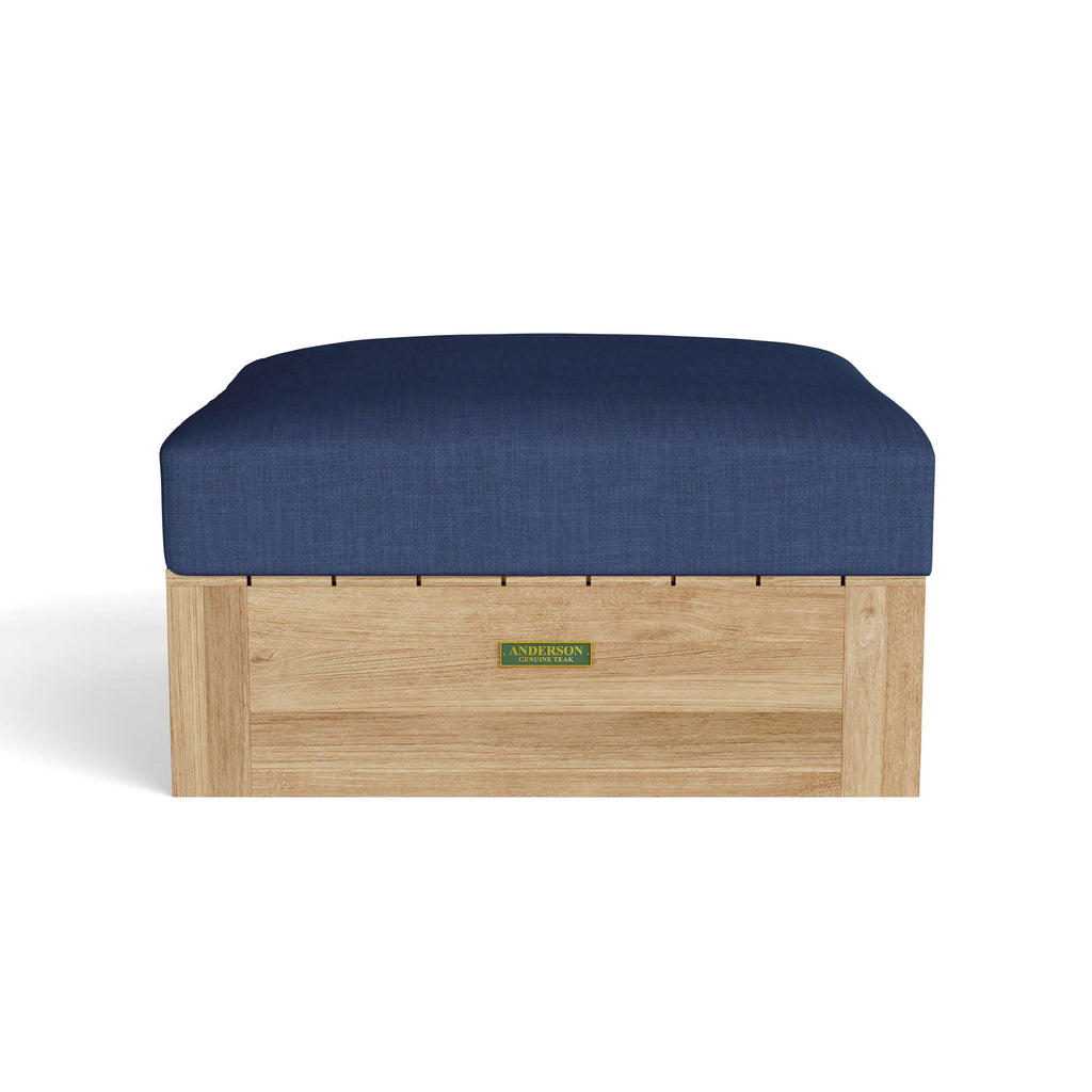 Copacabana teak ottoman with navy cushion included with Set 154, front view