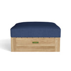 Copacabana teak ottoman with navy cushion included with Set 154, front view