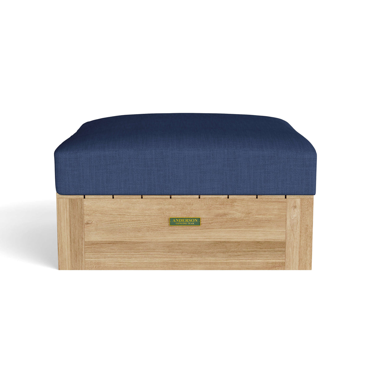 Copacabana teak ottoman with navy cushion included with Set 154, front view