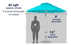 9-foot Premier Umbrella size guide showing 67 square feet of shade and a 1.5-inch pole