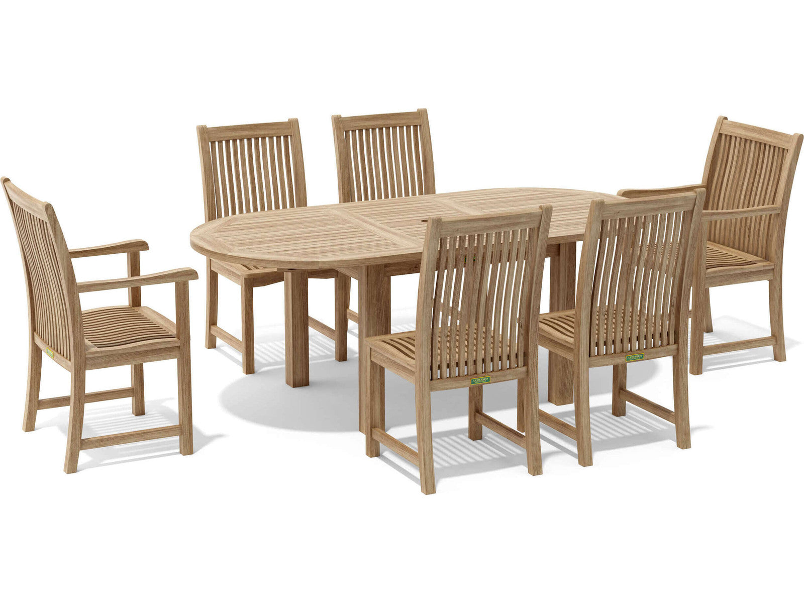 Anderson Teak Bahama Chicago 7-Piece Dining Set — studio view, oval extension table with two armchairs and four side chairs, natural teak