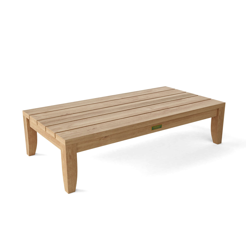 Anderson Teak Coronado Rectangular Coffee Table, solid teak slat top, angled view