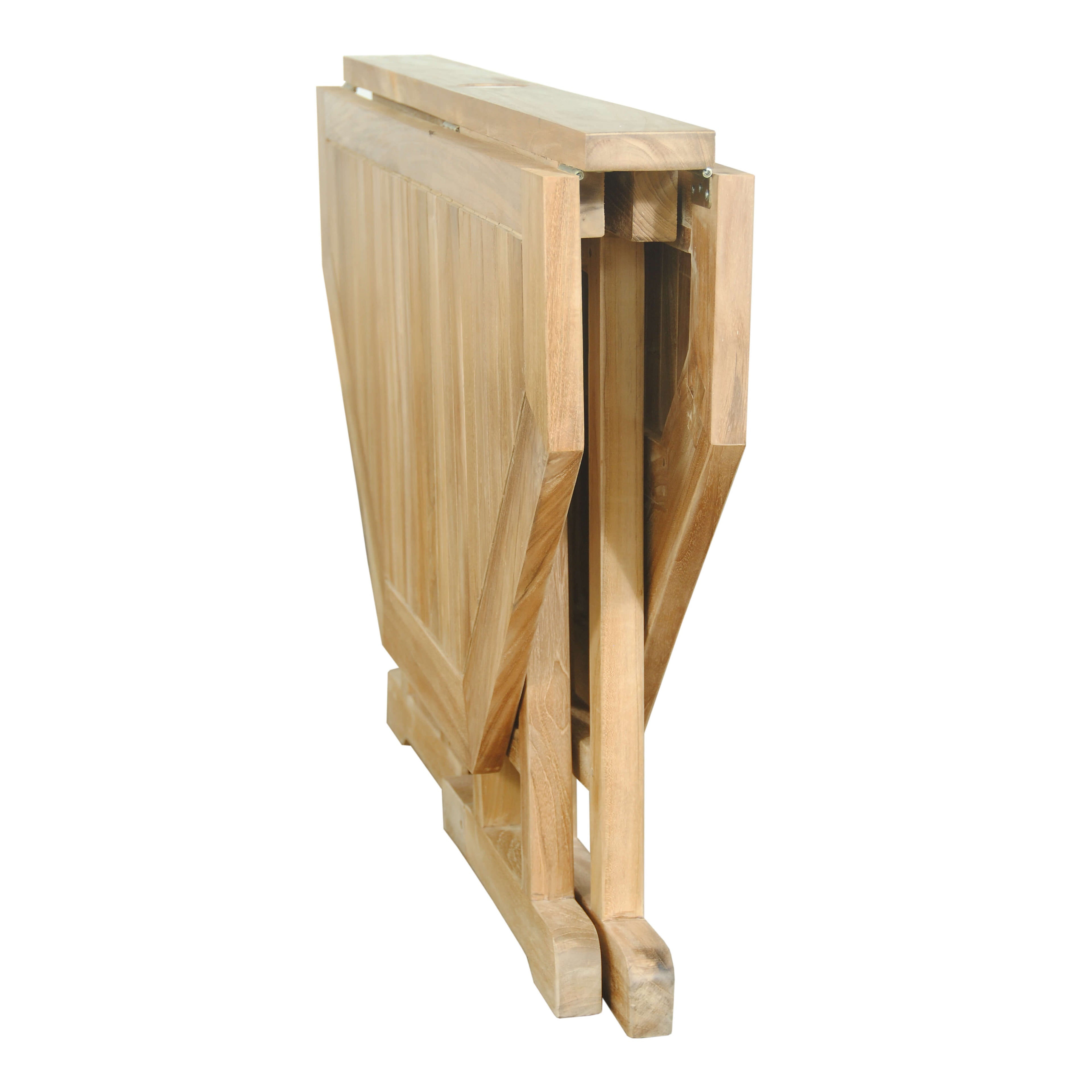 Butterfly folding teak table, fully folded for storage