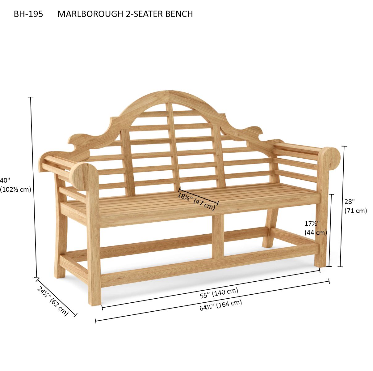 Anderson Teak BH-195 Marlborough two-seat bench dimension diagram