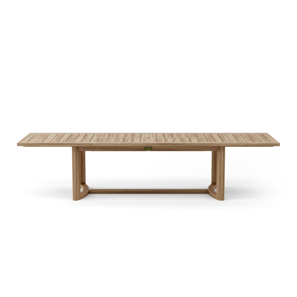 Front view of the rectangular Coronado teak extension dining table.