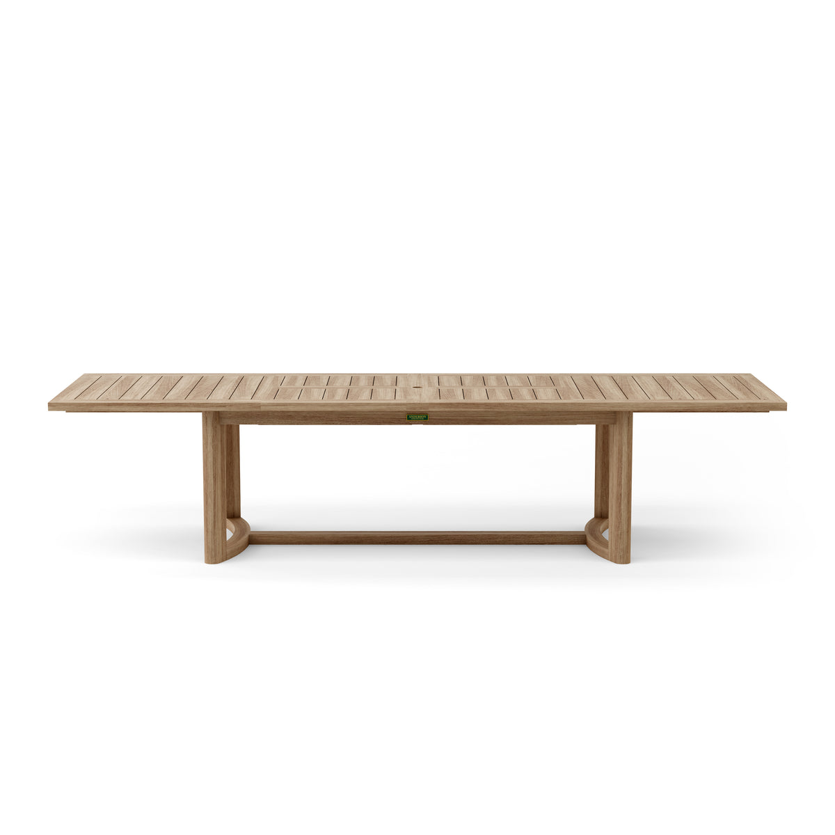 Front view of the rectangular Coronado teak extension dining table.