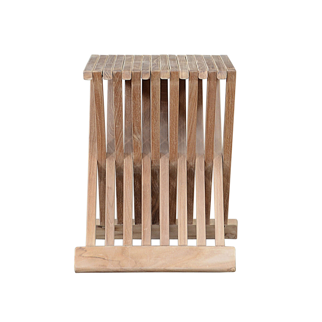 Marilla 16-inch folding teak side table, top and slat detail