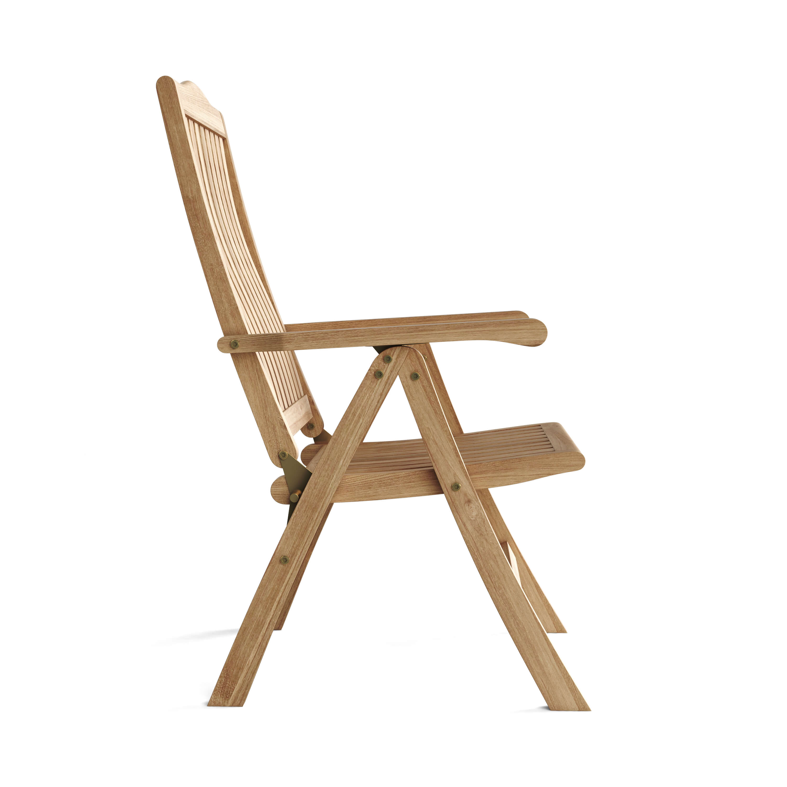 Katana reclining teak armchair, partial-recline side view