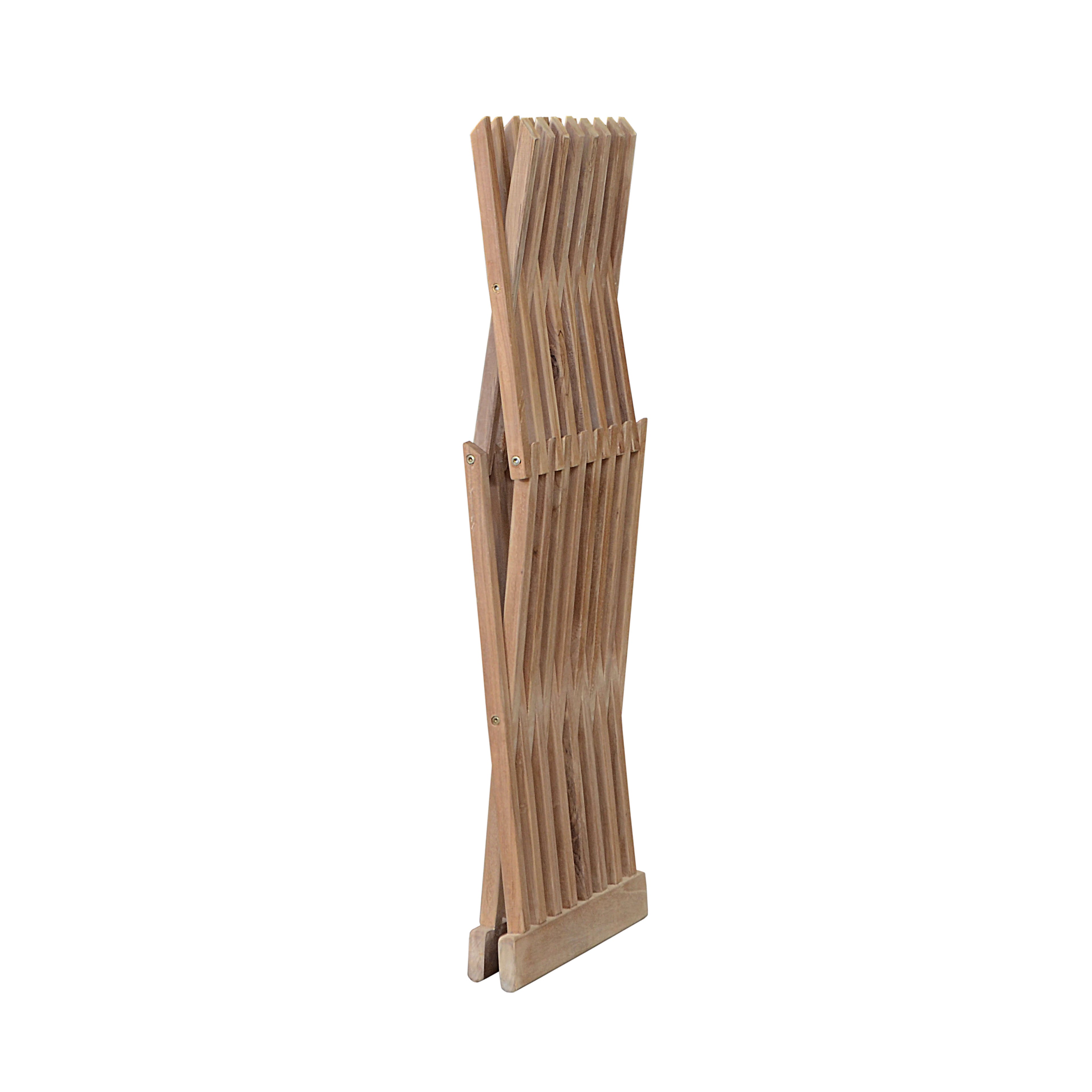 Marilla 16-inch folding teak side table, folded for storage