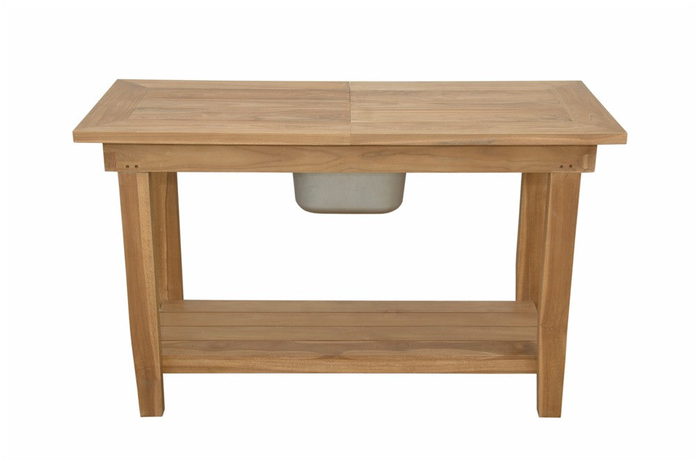 Nautilus teak beverage console, front three-quarter view
