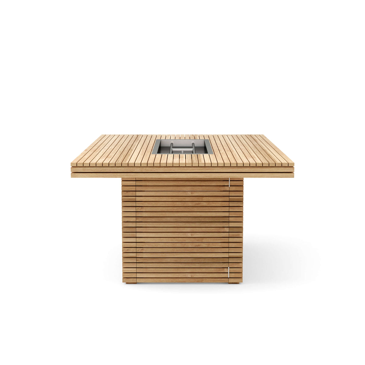Short-end view of the Louvre teak fire table, showing the slatted base and hinged access panel.