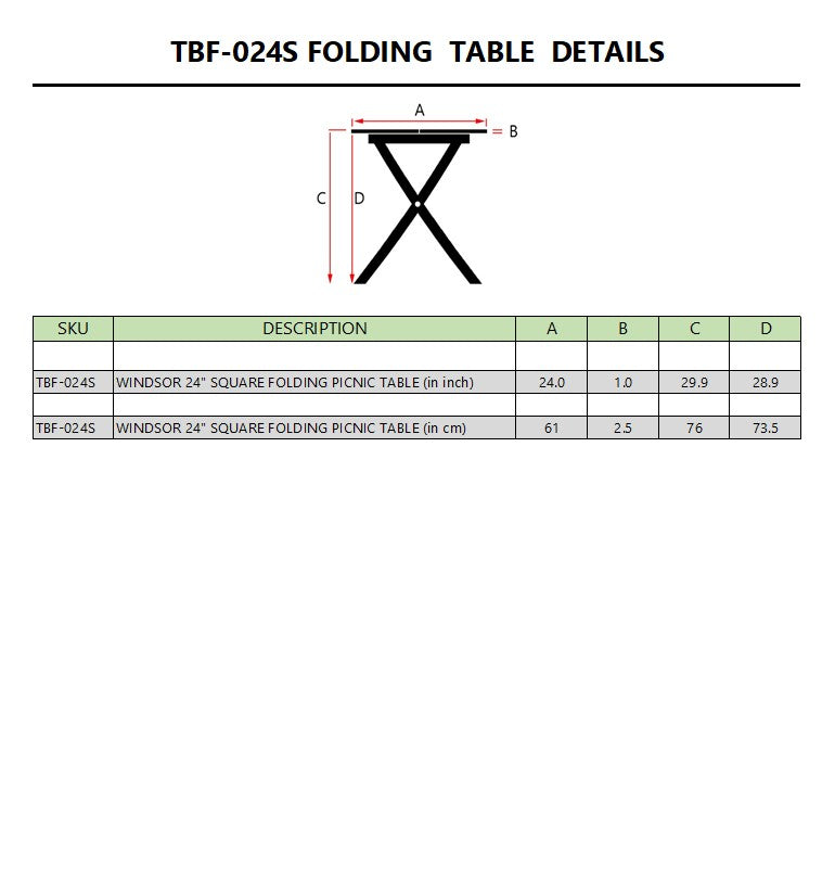 Windsor 24-inch folding teak table - dimensions