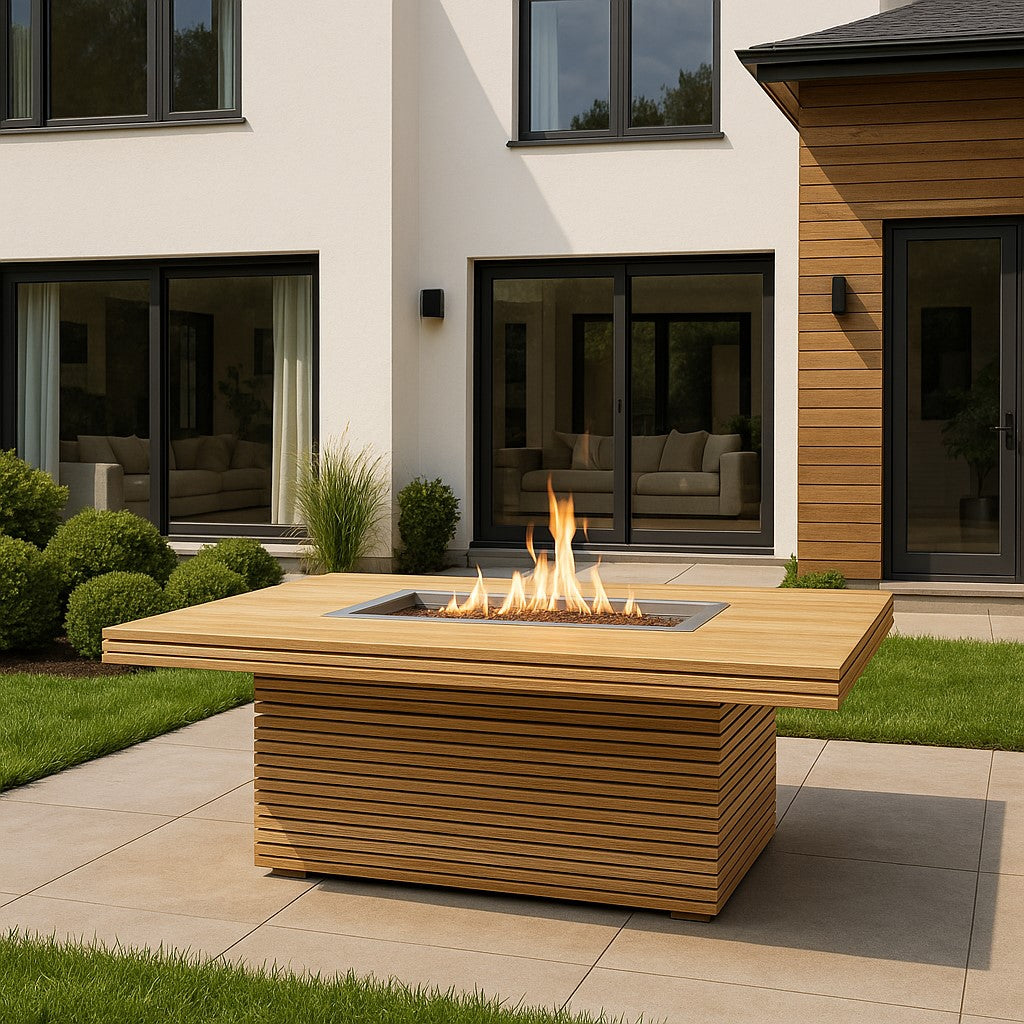 Teak fire pit table with a lit rectangular burner on a patio beside a modern house and lawn.
