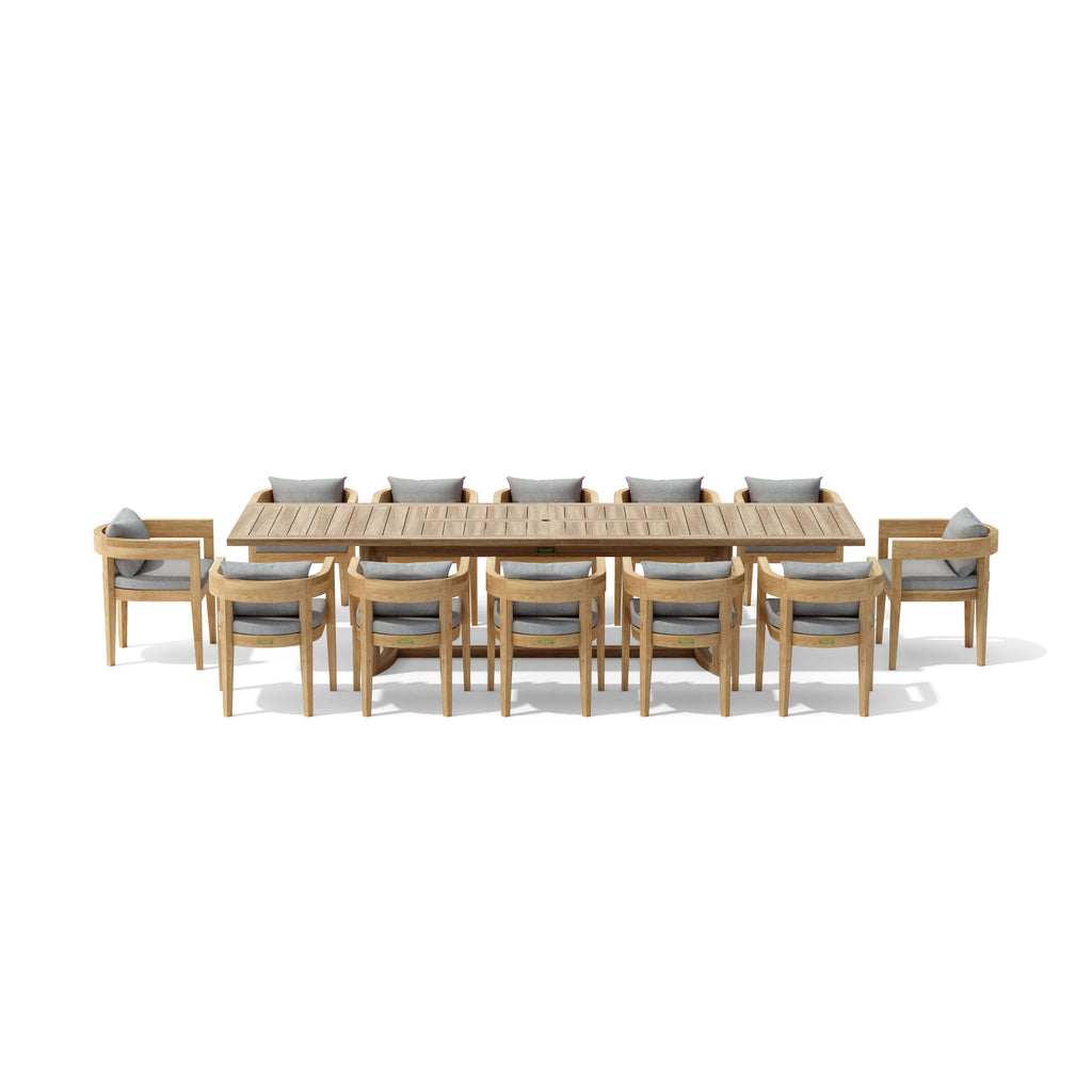 Front view of the Coronado teak dining set for twelve with gray seat and back cushions.