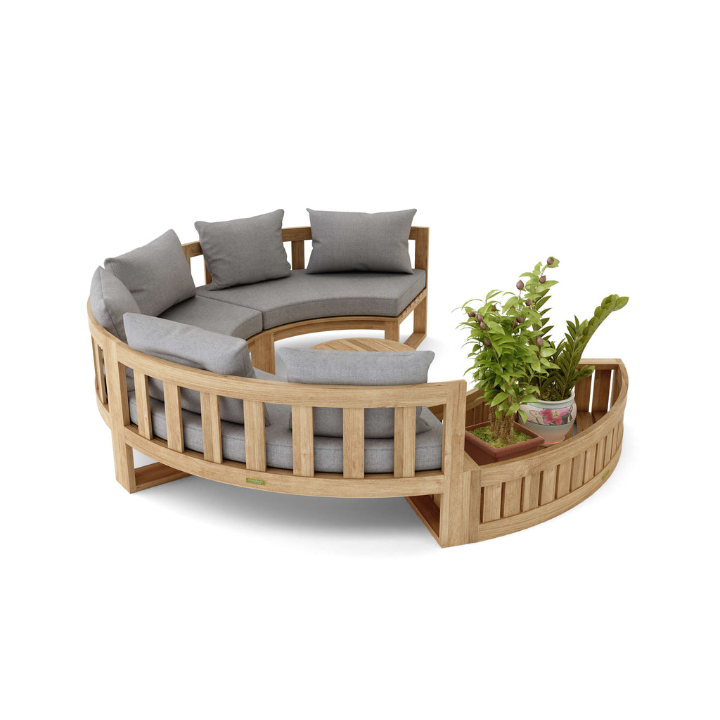 Circular Modular Teak Deep Seating Set — 6 Seats, Planter + Coffee Table