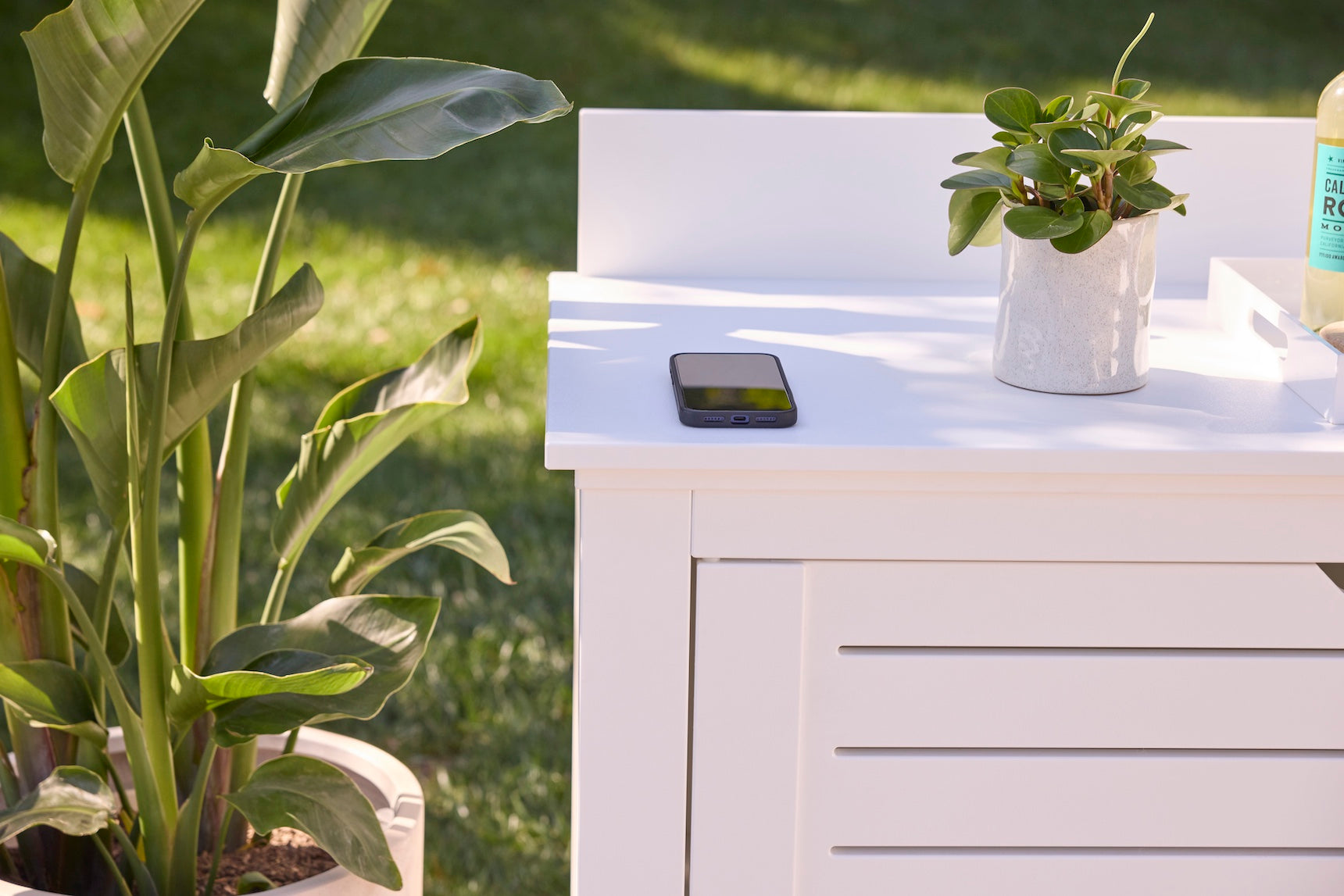 Ledge Lounger Mainstay Bar Credenza lifestyle, White, poolside patio ambiance