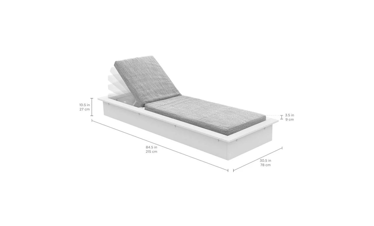 Ledge Lounger Echo chaise dimension diagram showing 84.5-inch length, 30.5-inch width, 10.5-inch frame height and 3.5-inch cushion thickness.