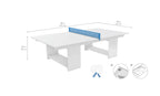 Ledge Lounger Table Tennis Set dimensions 96x48x30 inches with insets showing ball holders and paddle storage beneath the table