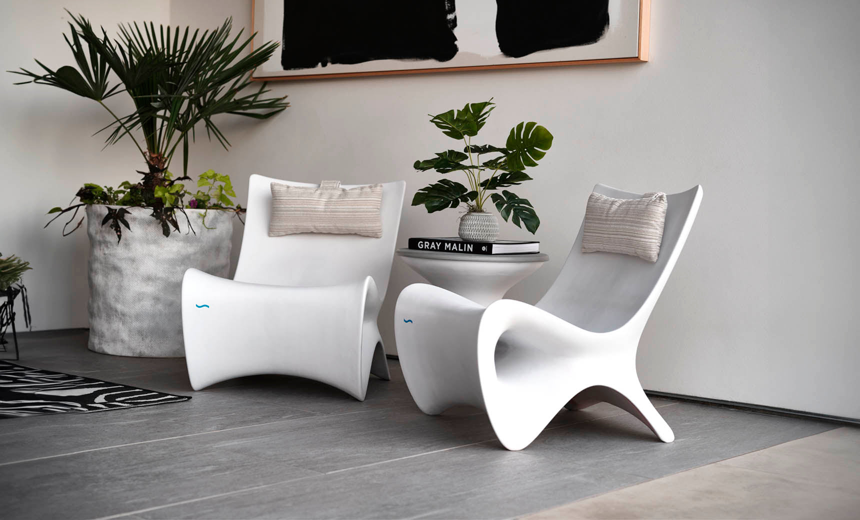 Ledge Lounger Autograph Chair lifestyle, White, indoor-outdoor lounge seating pair