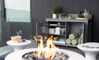 Ledge Lounger Mainstay Bar Credenza lifestyle, firepit entertaining setup