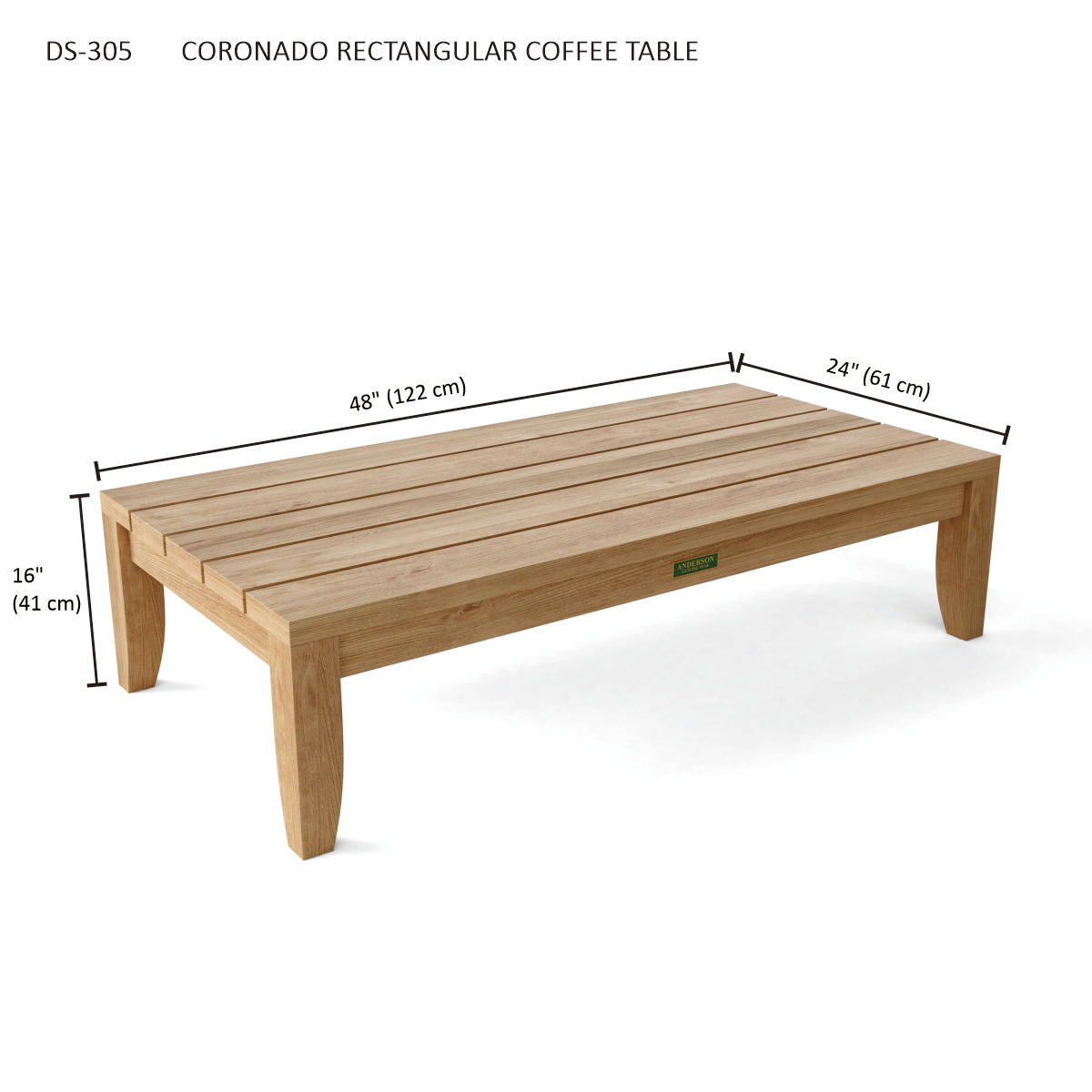 Anderson Teak Coronado Rectangular Coffee Table dimension diagram, 48 by 24 by 16 inches
