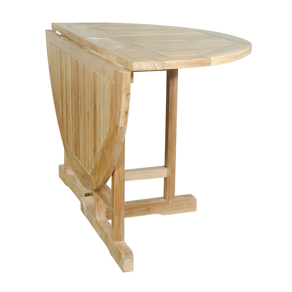 Butterfly folding teak table, folded to half-round
