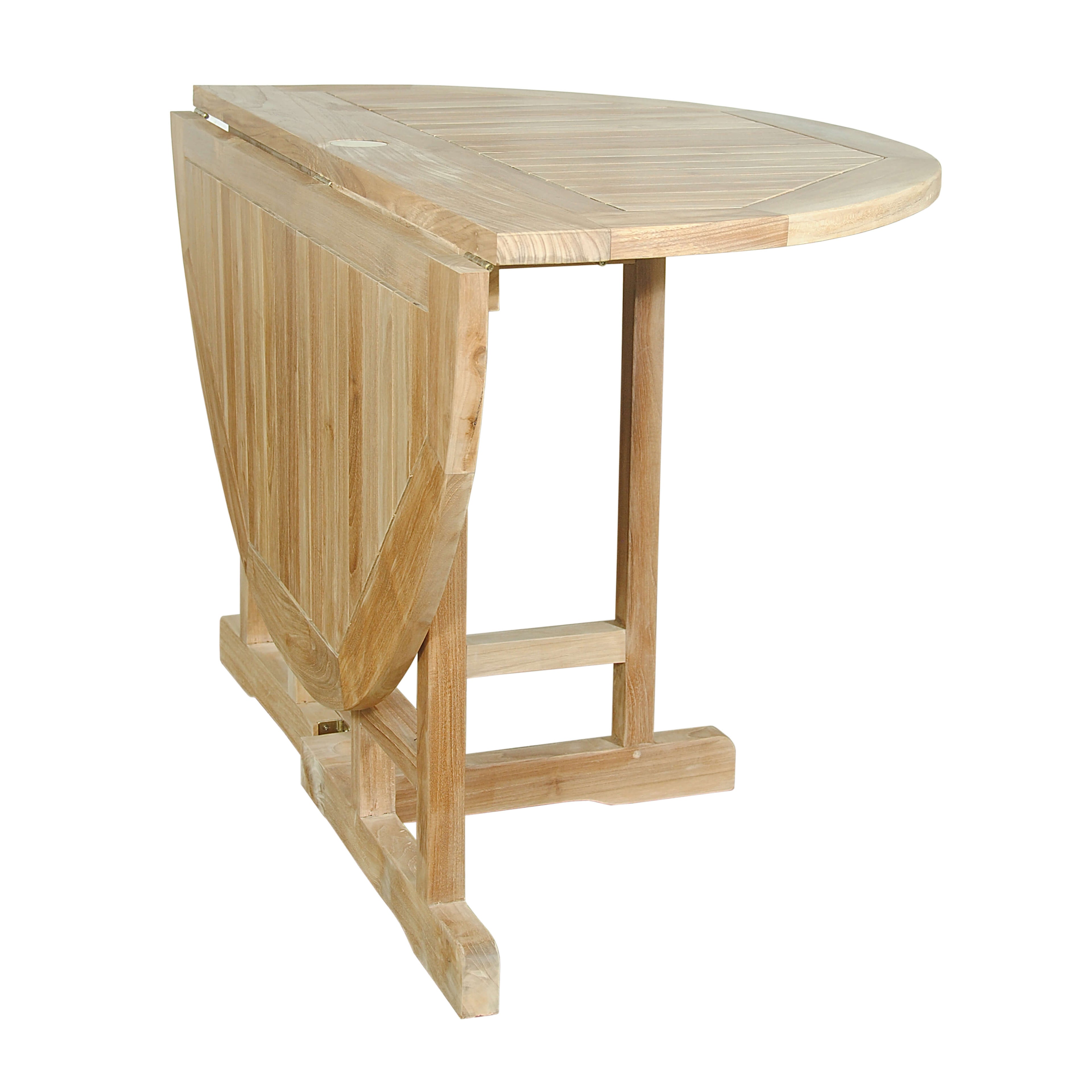Butterfly folding teak table, folded to half-round