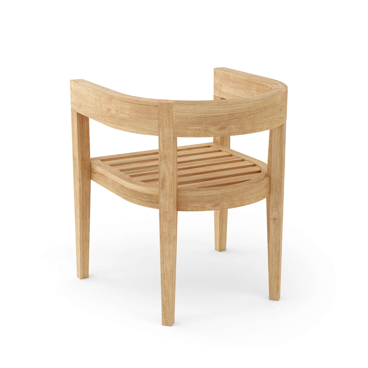 Angled view of a Coronado teak dining armchair without its seat and back cushions.