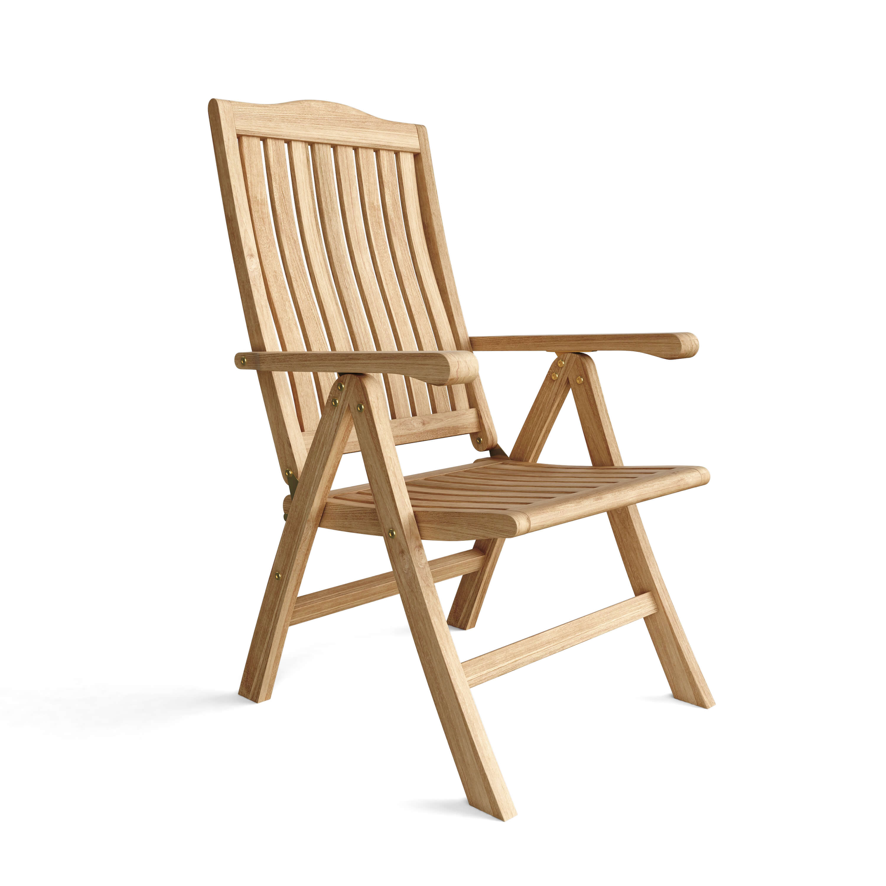 Katana 5-position reclining teak armchair, upright three-quarter view