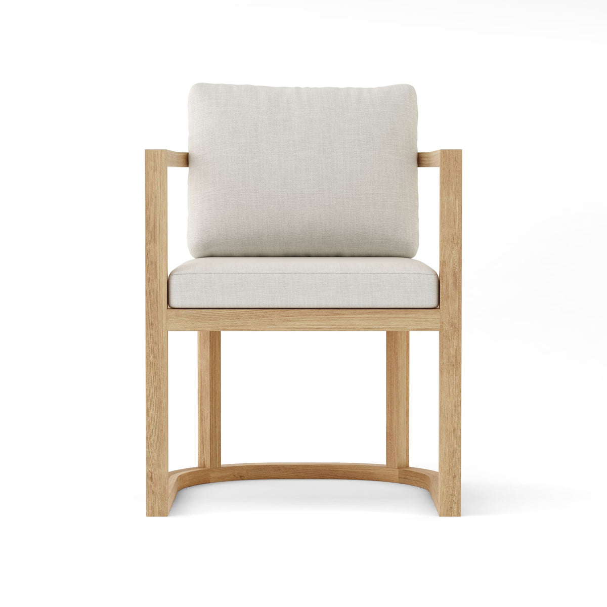 Junus teak and wicker dining armchair with included seat and back cushions, front view
