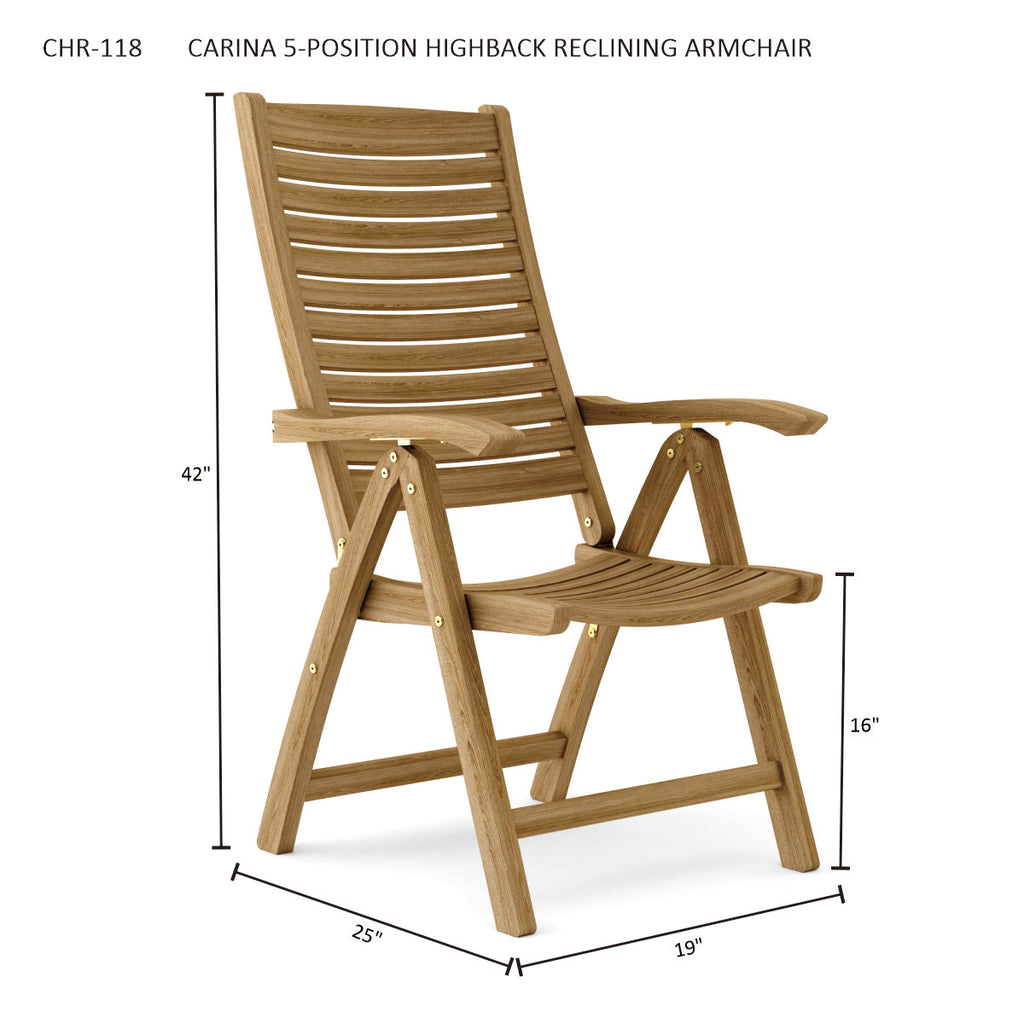 Carina teak reclining armchair - dimensions