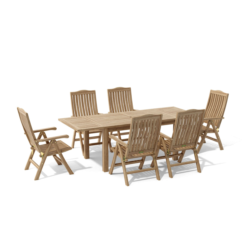 Studio view on white of the Bahama Katana set: rectangular teak extension table with six folding reclining teak armchairs with brass adjustment hardware